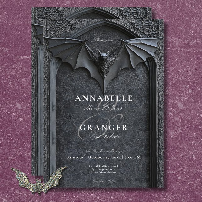 Convite Casamento de Bat e Arco Pretos do Halloween (Gothic Halloween Black Bat & Arch Wedding Invitation)