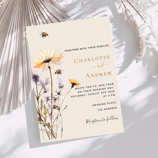 Convite Casamento de beige amarelo-campo de flores selvage (Criador carregado)