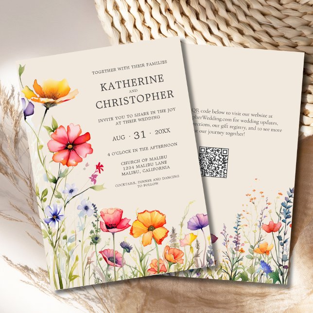 Convite Casamento de Beige de Flores Selvagens Legais Colo (Elegant Colorful Wildflowers Wedding Invitation with orange, red, purple flowers, qr code.)