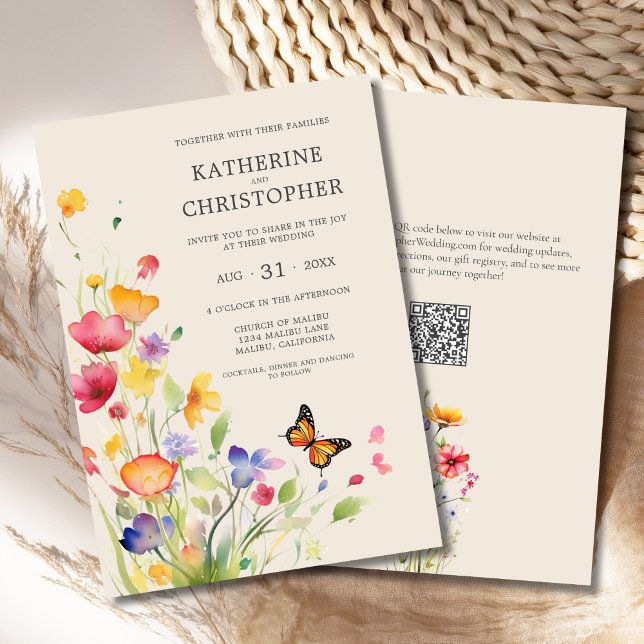 Convite Casamento de Beige de Flores Selvagens Legais Colo (Colorful Watercolor Wildflowers Elegant Wedding Invitation with orange, red, purple flowers, QR code)
