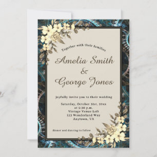 Convite Casamento de Beige e Floral Amarelo Steampunk