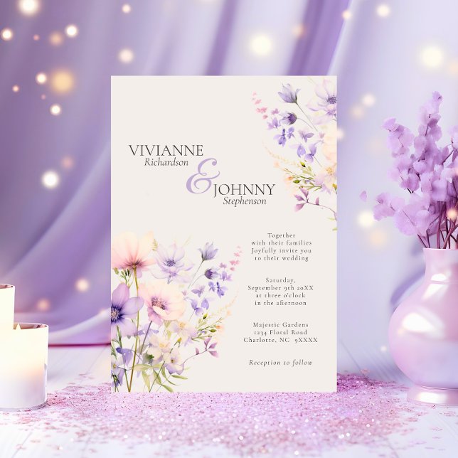 Convite Casamento de Beige Lavanda de Jardim de Flores Sel (Garden Wildflowers Lavender Beige Wedding Invitation)