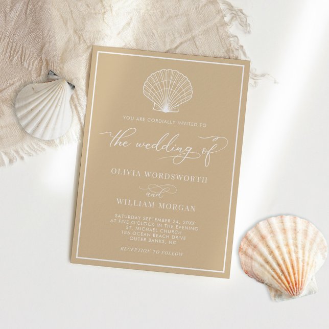 Convite Casamento de Beige Sand Elegant Beach Seashell (Criador carregado)