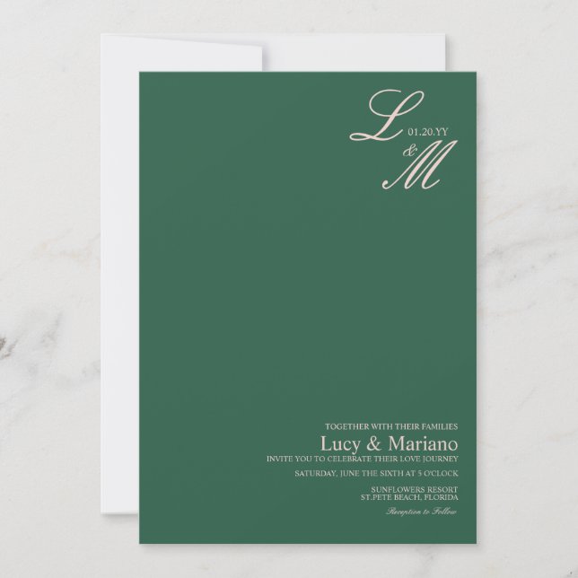 Convite Casamento de Beige Verde com Script Elegante Monog (Frente)