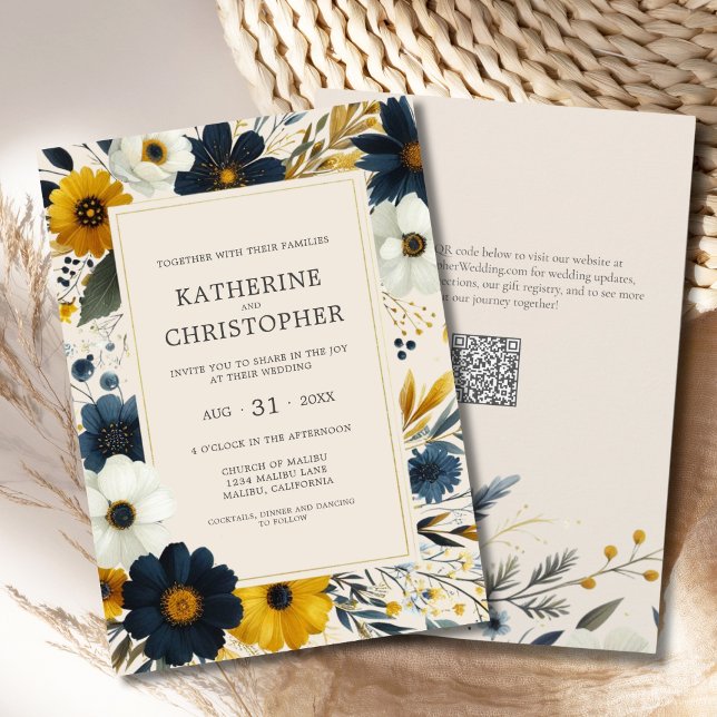Convite Casamento de Beige Watercolor com flores selvagens (Watercolor Floral Elegant Beige Wedding Invitation with Blue and Yellow Wildflowers, QR Code.)
