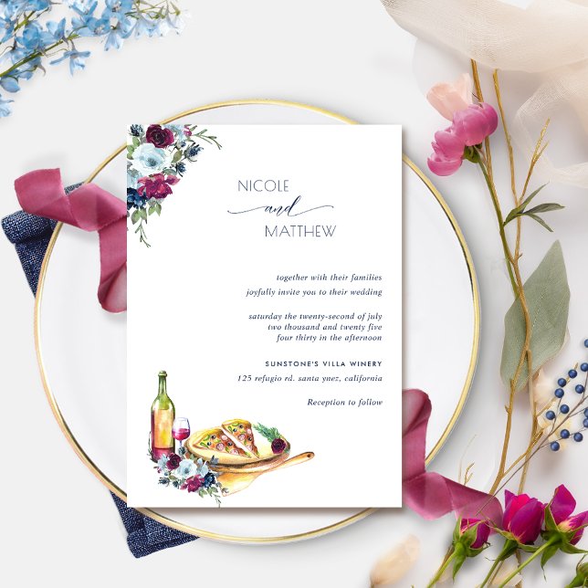 Convite Casamento de Berry Burgundy e Blue Floral Pizza (Criador carregado)