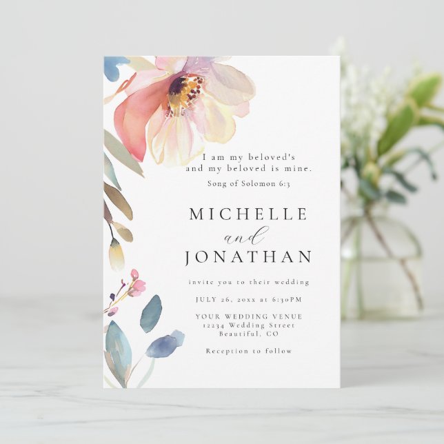 Convite Casamento de Bíblias Cristã Moderna e Flor Rosa Es (Em pé/Frente)