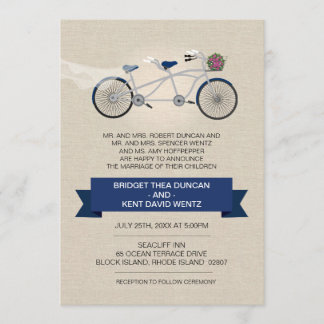 Convite Casamento de Bicicleta Azul Tandem, Faux Linen Dar