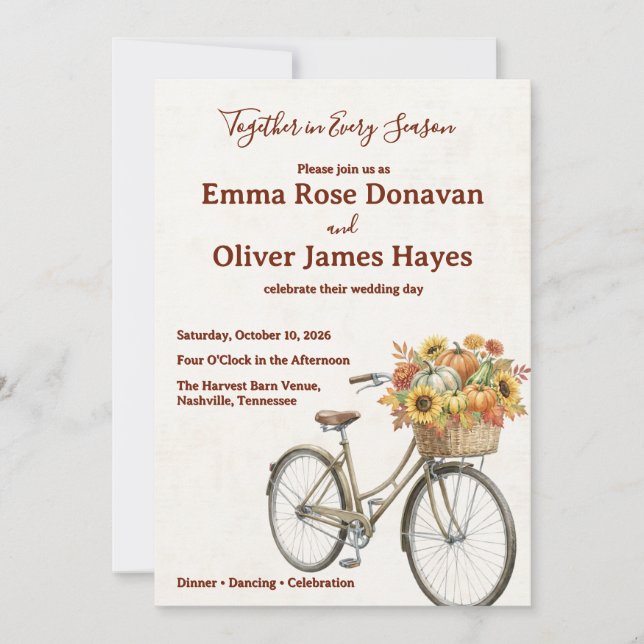Convite Casamento de Bicicleta Rústica Colheita de Outono (Frente)