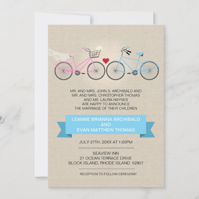 Convite Casamento de Bicicletas de Estilo Linen (Frente)