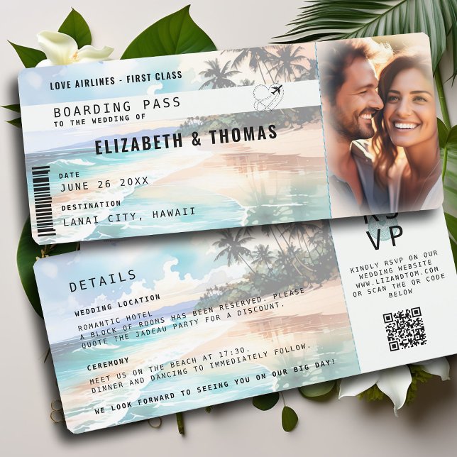 Convite Casamento de Bilhetes de Destino Tropical de Praia (destination wedding tropical beach boarding pass photo wedding invitation palm tree ocean pastel)