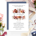 Convite Casamento de Bloomias Florais Azuis, Escamufladas<br><div class="desc">Aprecie os seus convidados com este belo convite de casamento azul, burgundy e blush. Design com flores impermeáveis pintadas à mão em ouro rosa, rosa poeirento, cor-de-rosa pincel, pêssego, marfim, cinza e tons burgosos. A parte de trás do cartão está numa elegante sombra azul empoeirada. Se preferir esta placa com...</div>