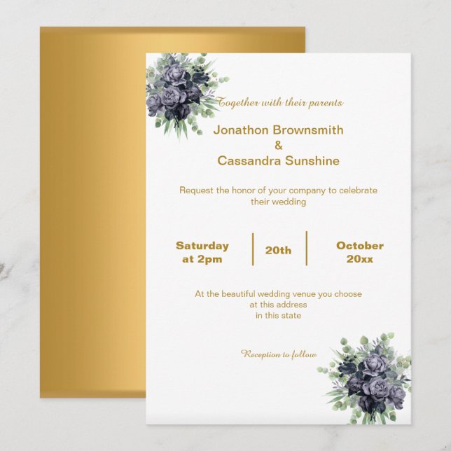 CONVITE CASAMENTO DE BLOSSOM AZUL DOURADO SIMPLES E ELEGAN (Frente/Verso)