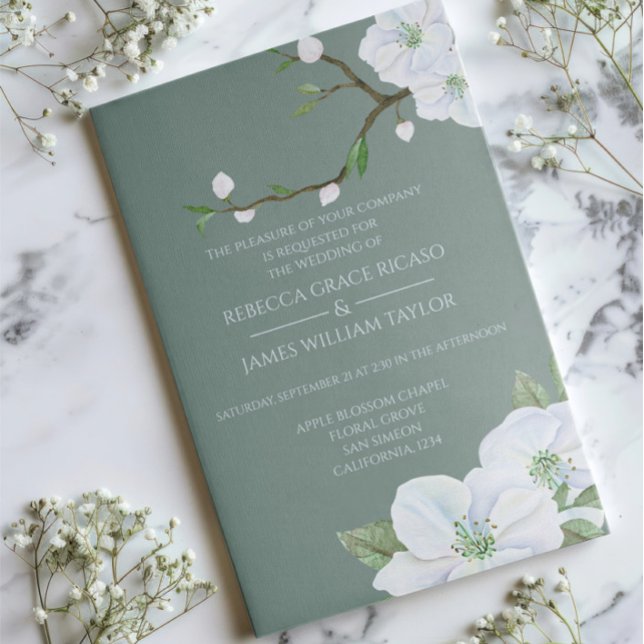 Convite Casamento de Blossom de Maçã Branca Elegante (Elegant White Apple Blossom Wedding Invitations by Ricaso. Stunning green & white invites )
