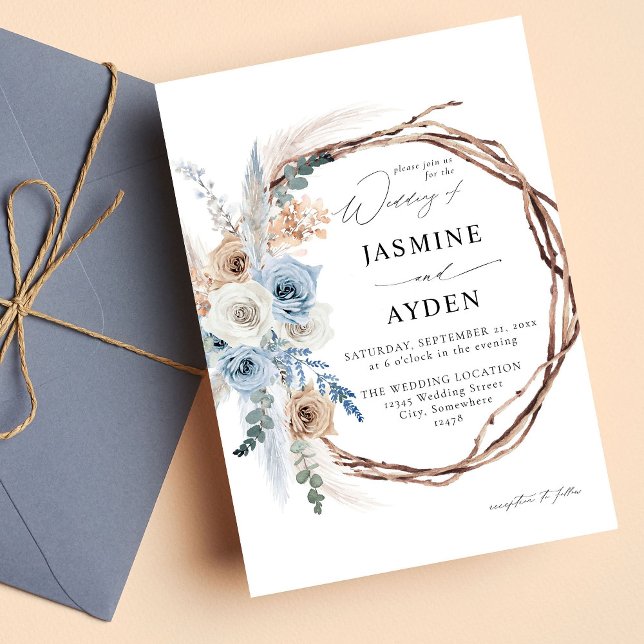 Convite Casamento de Blue & Beige Boho Floral (Criador carregado)