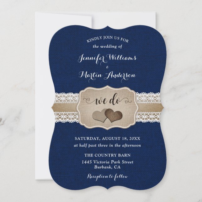 Convite Casamento de Blue Burlap e Renda (Frente)