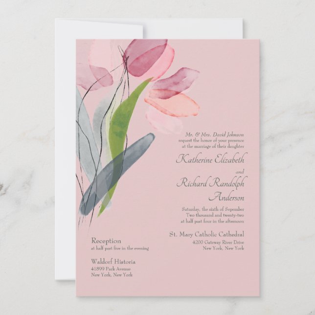 Convite Casamento de Blush das Tulipas de Aquarela Elegant (Frente)