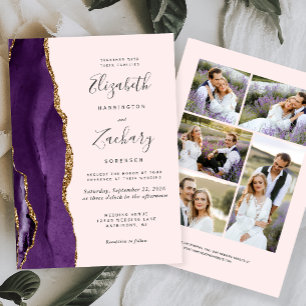 Convite Casamento de Blush de Agate Dourado com 5 Fotograf