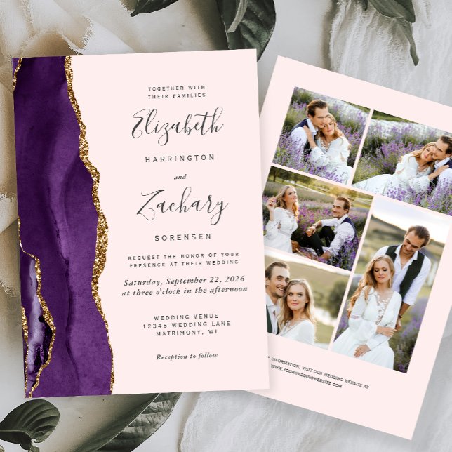 Convite Casamento de Blush de Agate Dourado com 5 Fotograf (Criador carregado)