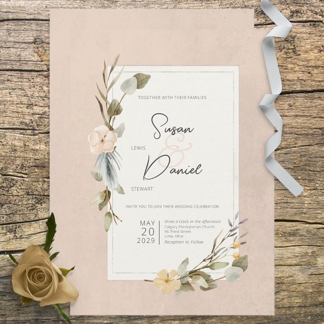 Convite Casamento de Blush de Frame Floral de Boho Seco (Criador carregado)