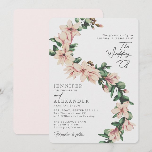 Convite Casamento de Blush Elegante Magnolia Floral Eucaly (Frente/Verso)