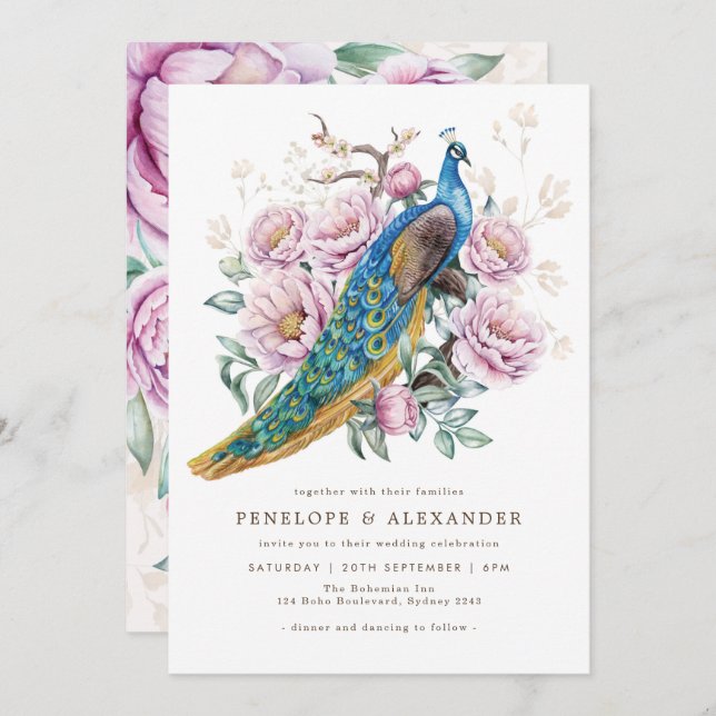 Convite Casamento de Blush Floral Peacock Chinoiserie  (Frente/Verso)