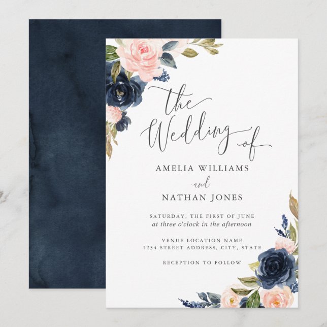 Convite Casamento de Blush Naval Floral Aquarela Moderna (Frente/Verso)