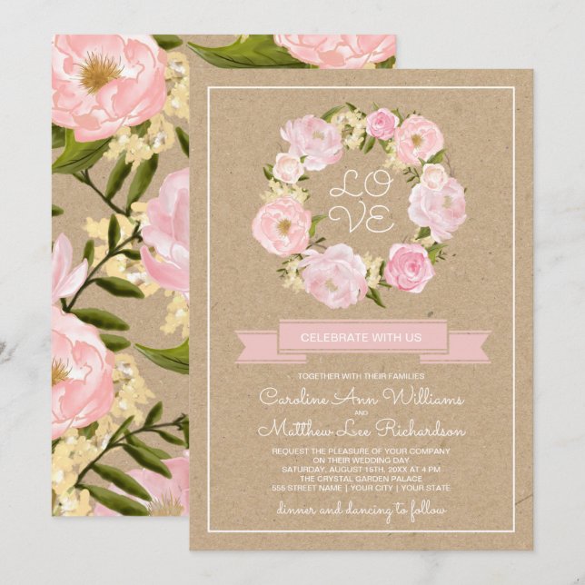 Convite Casamento de Blush Pink Peony Wreath Kraft Paper (Frente/Verso)
