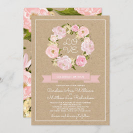 Convite Casamento de Blush Pink Peony Wreath Kraft Paper