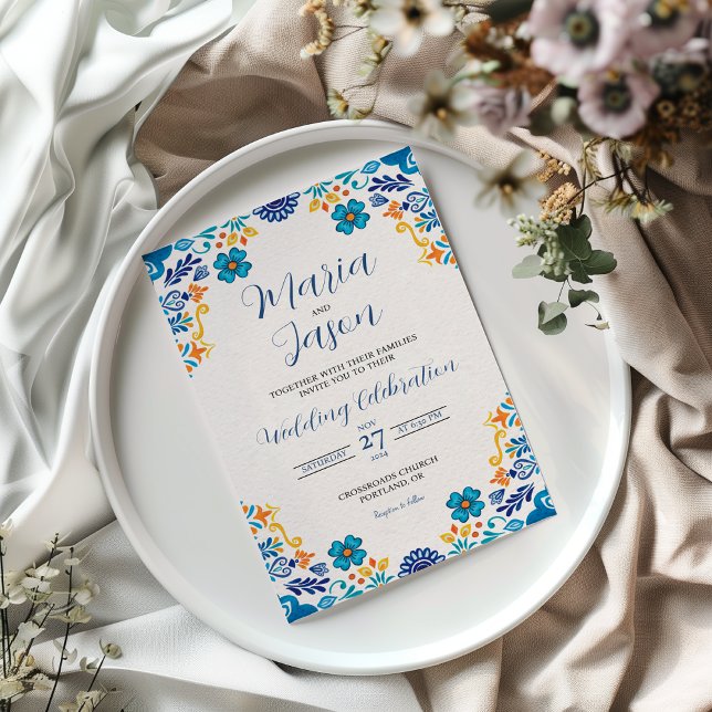Convite Casamento de Boda Botânica Tradicional Floral Mexi (Mexican Floral Traditional Botanical Boda Wedding Invitation)