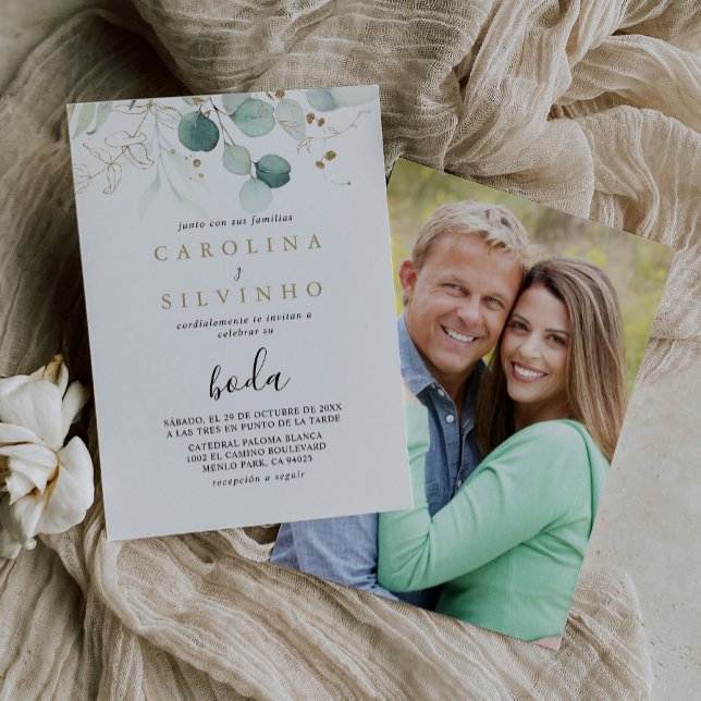 Convite Casamento de Boda, Caligrafia, Eucalipto Verde Dou (Criador carregado)