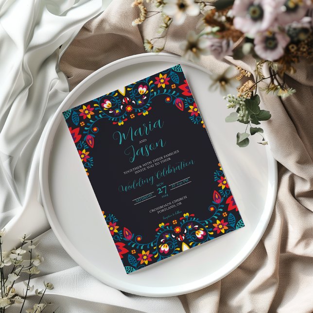 Convite Casamento de Boda Elegante Preto-Floral Mexicano (Mexican Black Floral Colorful Elegant Boda Wedding Invitation)