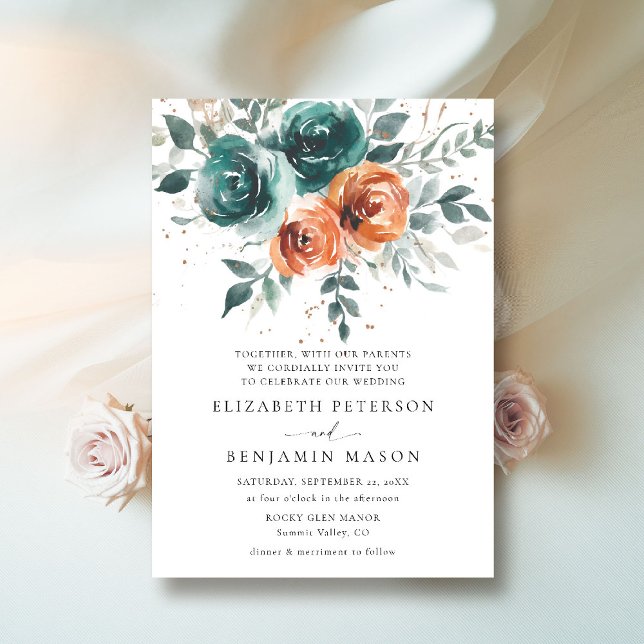 Convite Casamento de Boêmia Floral Floral Laranja Queimada (fall wedding invitation teal burnt orange terracotta watercolor whimsical floral elegant boho)