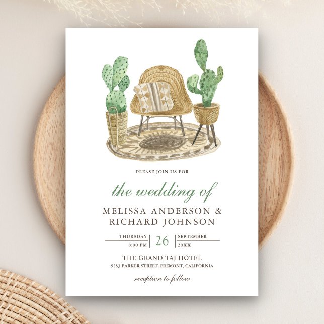 Convite Casamento de Boho Cactus Modern Watercolor (Criador carregado)