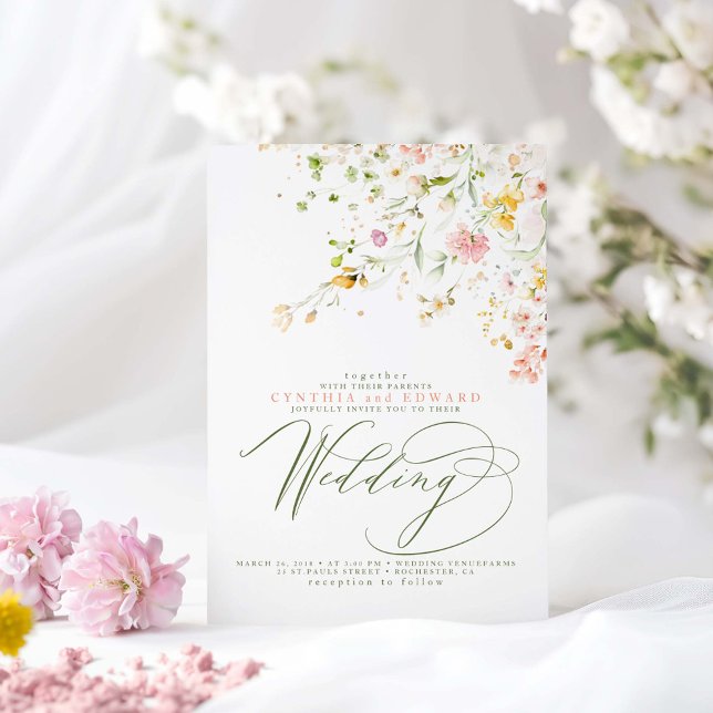 Convite Casamento de Boho com flores silvestres do Verão E (Wildflowers Wedding Invitations)