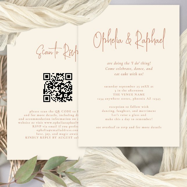 Convite Casamento de Boho Creme com Código QR de Script Ru (Front and back view. Available digitally or printed.)