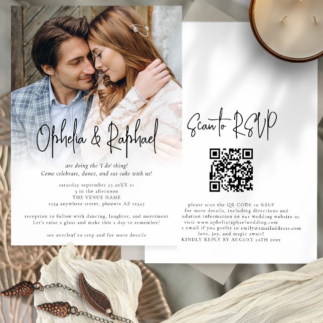 Convite Casamento de Boho de Código QR de Script Informal  (Front and back view)