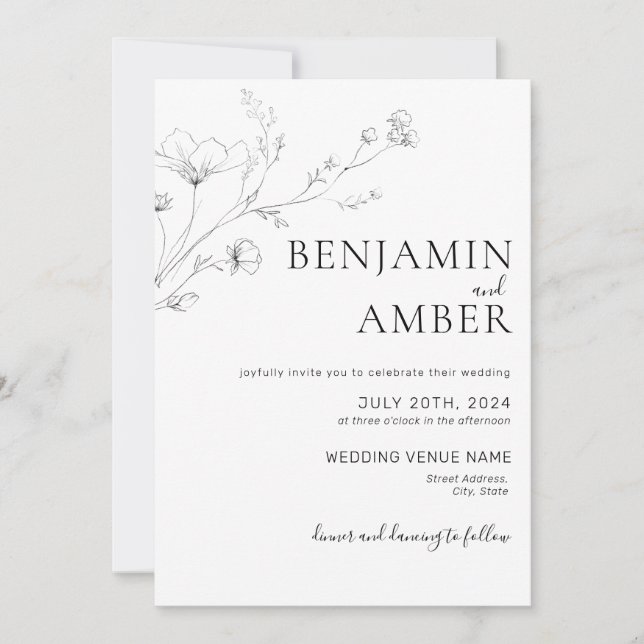 Convite Casamento de Boho de Desenho de Flor Selvagem Mini (Frente)