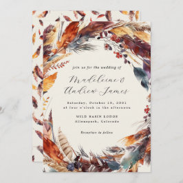Convite Casamento de Boho Feather Fall Wreath Calliografia