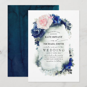 Convite Casamento de Boho Floral Azul e Rosa Marinho