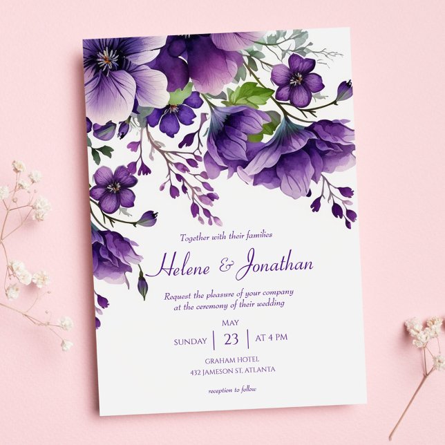 Convite Casamento de Boho Floral Chic Purple Moderno Elega (Criador carregado)