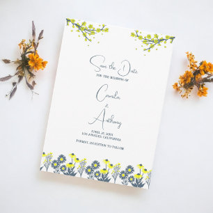 Convite Casamento de Boho Floral de Flor Azul Amarelo