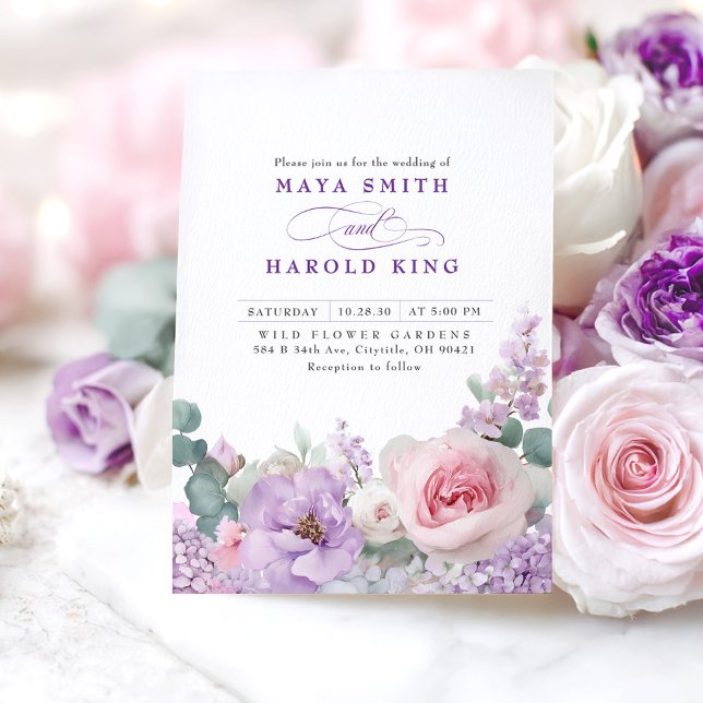 Convite Casamento de Boho Floral, de Roxo Botânico e Rosa (Purple and Pink Flowers Wedding Invitations)