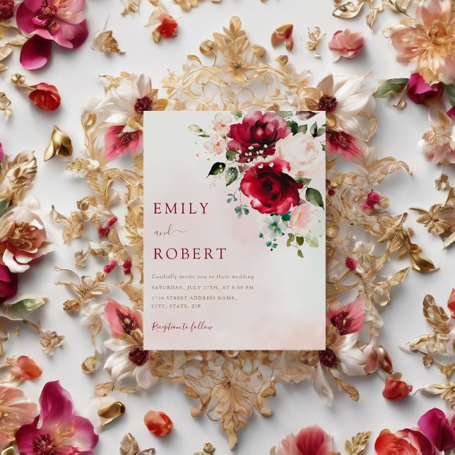 Convite Casamento de Boho Floral Floral Burgundy (Criador carregado)