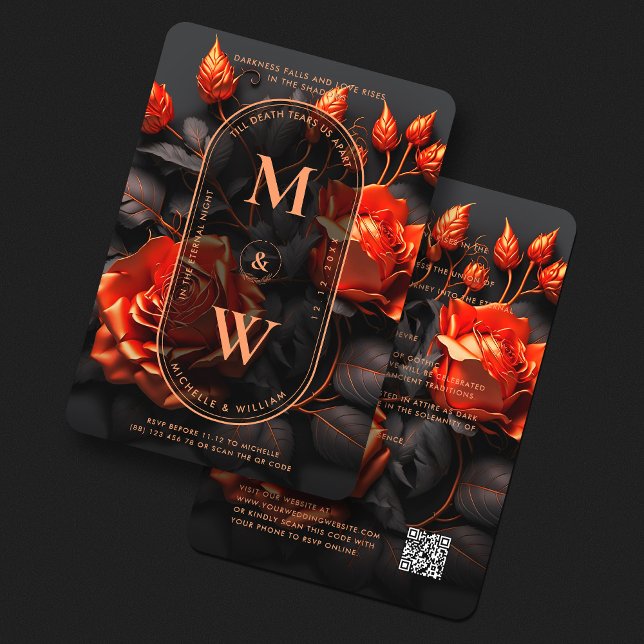 Convite Casamento de Boho Floral Laranja Negro Gótico (Gothic Black Orange Terracotta Floral Boho Wedding Invitation
)