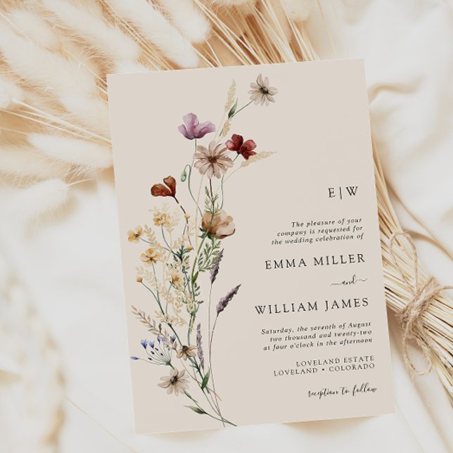 Convite Casamento de Boho Flores Silvestres Modernas (Elegant Boho Wildflowers Wedding Invitations by Painted Paperie
)