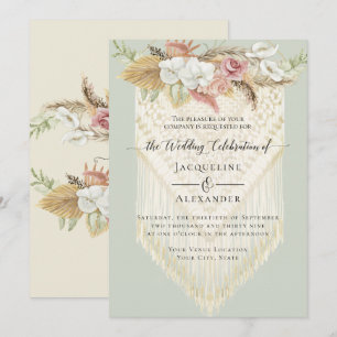 Convite Casamento de BoHO Greenery Pink Pampas Mint