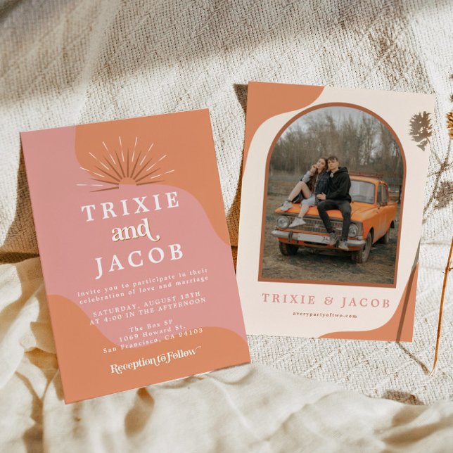 Convite Casamento de Boho Groovy com Foto Archada Retroati (Criador carregado)