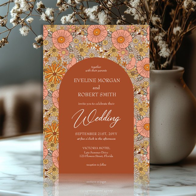 Convite Casamento de Boho groovy terracotta e flores rosa (trendy retro groovy flowers terracotta copper and pink wedding invitation)