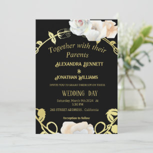 Convite Casamento de Boho Moderno Floral Negro e Dourado